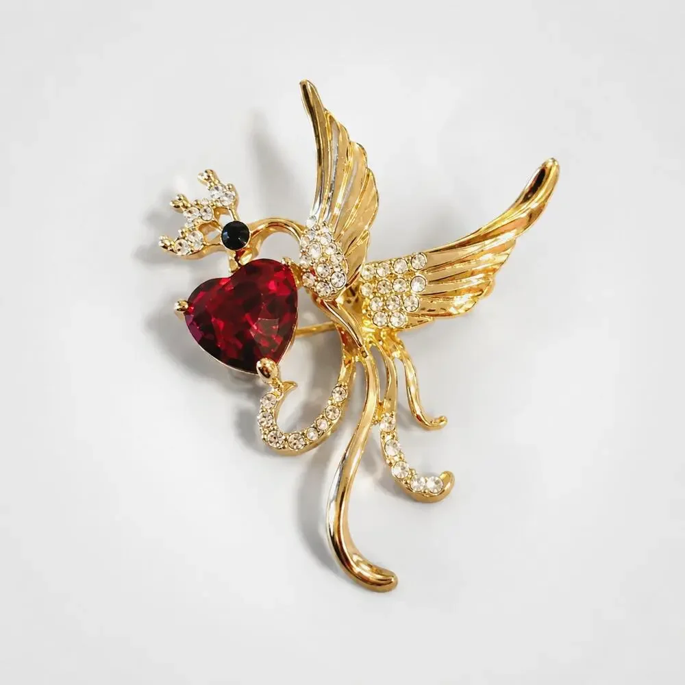 Vintage Rise Gold-tone Phoenix Bird Brooch Pin- Red Sparkly‎ Red Heart ab1-54 - Picture 5 of 6